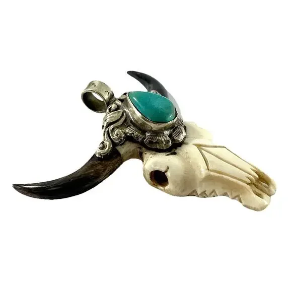 Western Steer Skull Style Pendant Turquoise Stone Southwestern Necklace Charm 3” - Picture 3 of 8